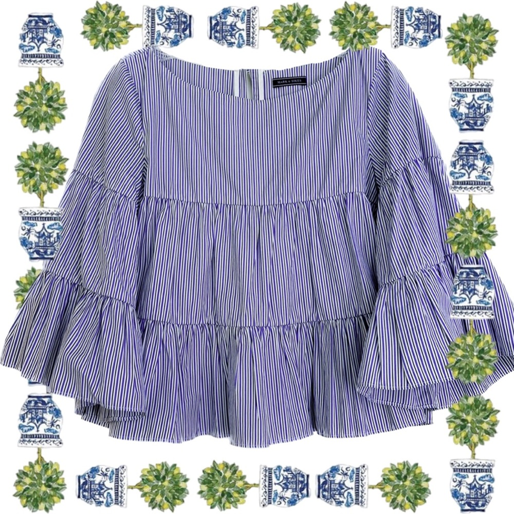 EUC MDS Stripes Tiered Blue/White Striped Poplin Shirt w/ Bell Sleeves, Size 4